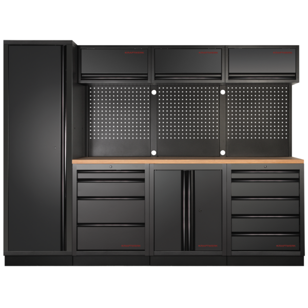 Kraftwerk MOBILIO – 4er Kombi mit Lochwand & Multiplexplatte, HxBxT 2000×2640×488 mm - KW-3964B-BLK