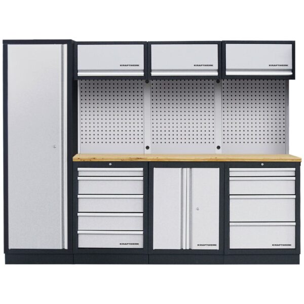 Kraftwerk Werkstatt-Kombination – MOBILIO 4-Element-Schrankwand mit Buche Multiplex & Lochwand – 2640 mm Breite - KW-3964B