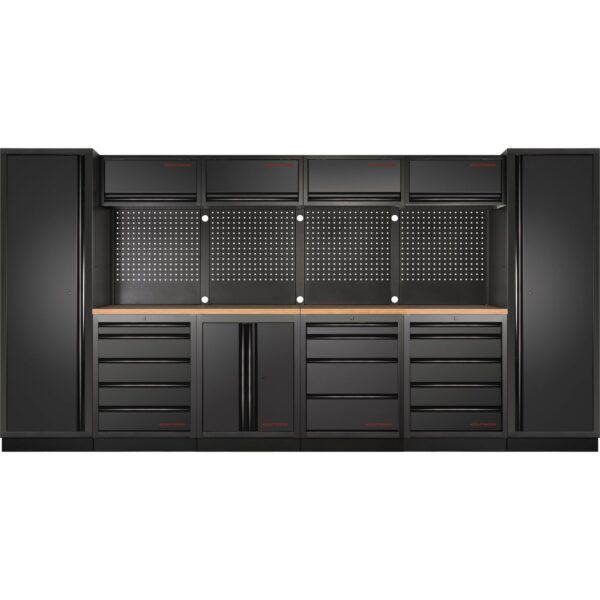 KRAFTWERK MOBILIO-EX 6er Kombi – Modular mit Lochwand & Buche-Multiplex-Arbeitsplatte - KW-3964C-BLK-EX