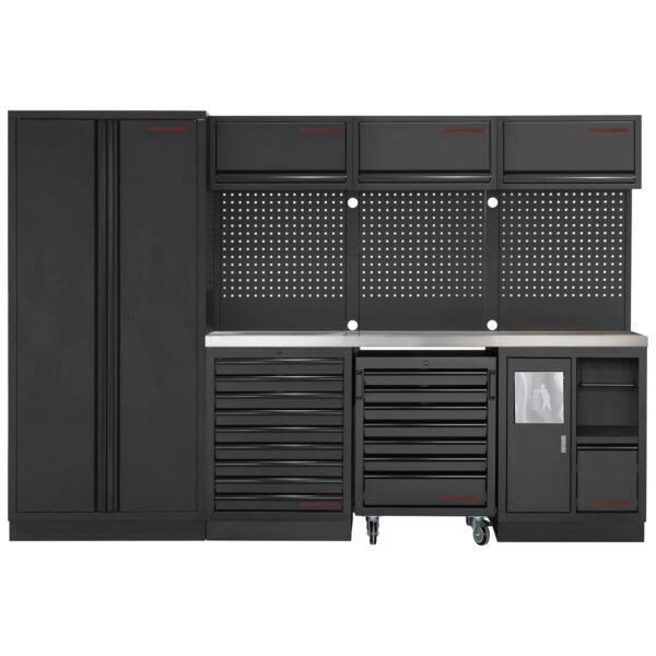 Kraftwerk MOBILIO Werkstattschrank 4-Element-Kombi – mit Inox-Arbeitsplatte, Lochwand & Rollschrank - KW-3964D-BLK-IX