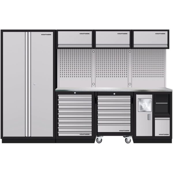 Kraftwerk 3964DIX MOBILIO 4-Element-Werkstatt-Schranksystem – Inox-Arbeitsplatte, Lochwand & Rollschrank, 2955 mm - KW-3964DIX
