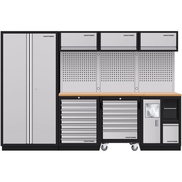 Kraftwerk MOBILIO Werkstattschrank 4-Element-Kombination – Multiplex-Arbeitsplatten & Rollschrank, 2955 mm - KW-3964D