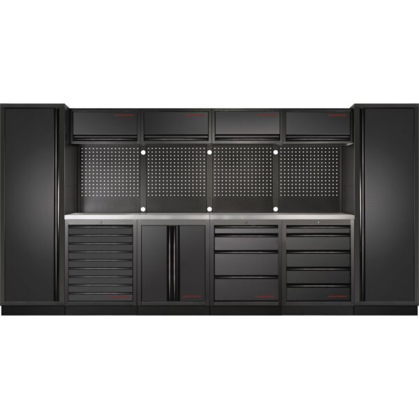 Kraftwerk 6-Element-Schrankwand mit Vierkantlochwand, INOX-Arbeitsplatte – Länge 3920 mm - KW-3964F-BLK-IX