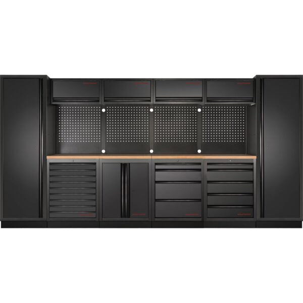 Kraftwerk Werkstatt-Schrankwand – 6-Element-System mit Vierkantlochwand, Multiplex-Arbeitsplatten & Gasdruck-Oberschränken – Made in Germany - KW-3964F-BLK