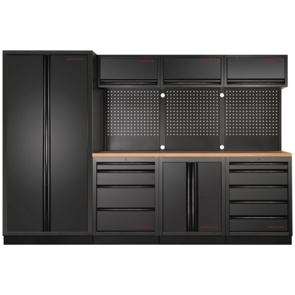 Kraftwerk Werkstatt-Schrankwand – BLACK FRIDAY EDITION mit Buche-Multiplex, Lochwand & One-Key-System – 4-Element Kombi - KW-3964G-BLK