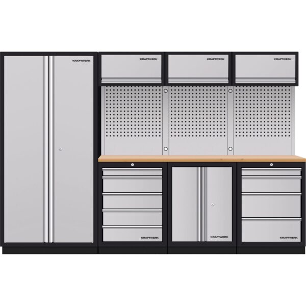 Kraftwerk MOBILIO-EX 4er Werkstatt-Kombination mit Werkzeug-Lochwänden & Buche-Multiplex Arbeitsplatte – Schwarz Glanz – Modular & flexibel - KW-3964G-EX