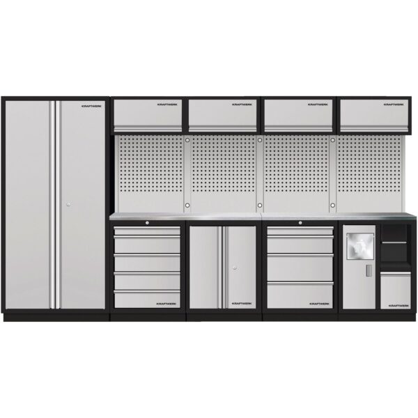 Kraftwerk MOBILIO 5-Element-Werkstattschrank mit Vierkantlochwand & Inox-Arbeitsplatte – 3635 mm Breite - KW-3964HIX