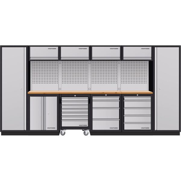 Kraftwerk Werkstatt-Set – Mobilio 6er Kombi mit Werkstattwagen, Hochschränken & Buche-Arbeitsplatten – Made in Germany, 7 Jahre Garantie - KW-3964K-HS745H-K4