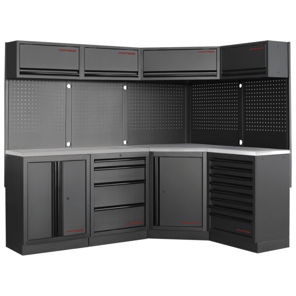 Kraftwerk 3964NIX MOBILIO 4-Element-Werkstatt-Schranksystem – Edelstahl-Arbeitsplatten, mit Eckschrank & Oberschränken - KW-3964N-BLK-IX