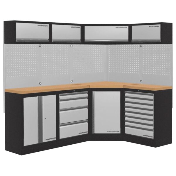 Kraftwerk Werkstattmöbel – MOBILIO 4er Kombi mit Eckschrank, 8+4 Schubladen, Multiplexplatte & Oberschränken – Freistehend & durchdacht organisiert - KW-3964N