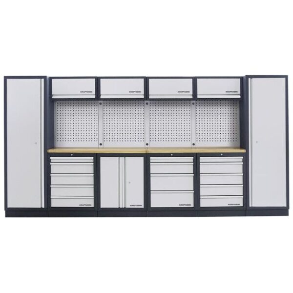 Kraftwerk Mobilio 3964C 6er Kombi-Standard – Werkstattschrank-System mit 4 Oberschränken, Lochwand & Buche-Multiplex-Arbeitsplatten - KW-3964C