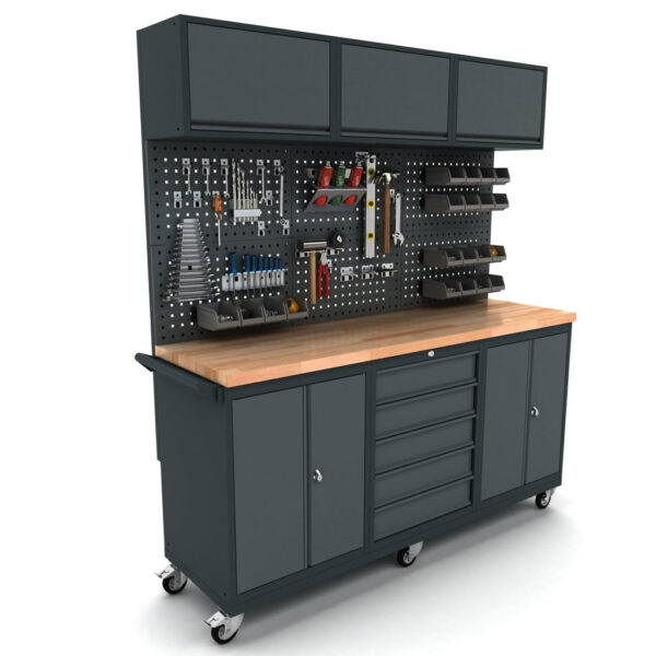 Bullram TOOLBOX4YOU Werkbank fahrbar 2x 2 Türen 5 Schubladenschrank inkl. Werkzeugwand und Oberschrank - 186cm - WBG186M03