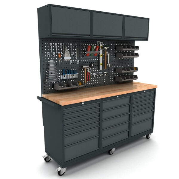 Bullram TOOLBOX4YOU 186cm Mobile Werkbank auf Rollen, Werkbank fahrbar 2x 7, 1x 5 Schubladenschrank, Werkbank mit Rückwand und Hängeschrank - WBG186M21
