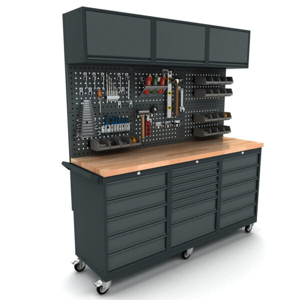 Bullram TOOLBOX4YOU 186cm Mobile Profi Werkbank mit Hängeschrank fahrbar 2x 5, 1x 7 Schubladenschrank, Werkbank auf Rollen, Werkbank mit Lochwand - WBG186M24