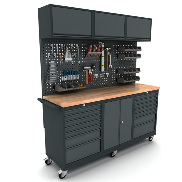 Bullram TOOLBOX4YOU 186cm Mobile Profi Werkbank mit Hängeschrank fahrbar 2x 7 Schubladenschrank, 1x 2 Türenschrank, Werkbank auf Rollen - WBG186M30